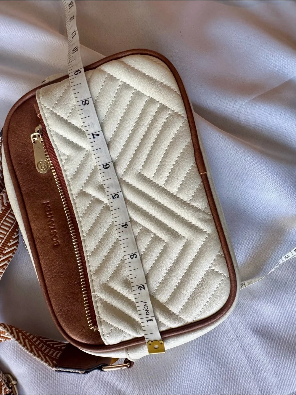 Quilted Cream and Brown Crossbody with Patterned Strap